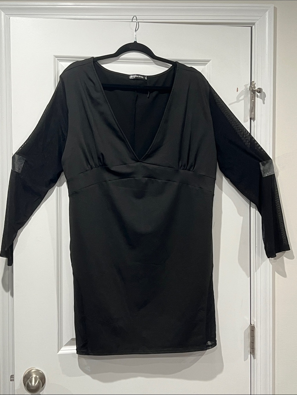 Women’s Black Long-Sleeve V-Neck mesh-Sheer-Panel Dress